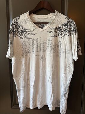 Affliction White V-Neck Tee with Black Wing Graphics